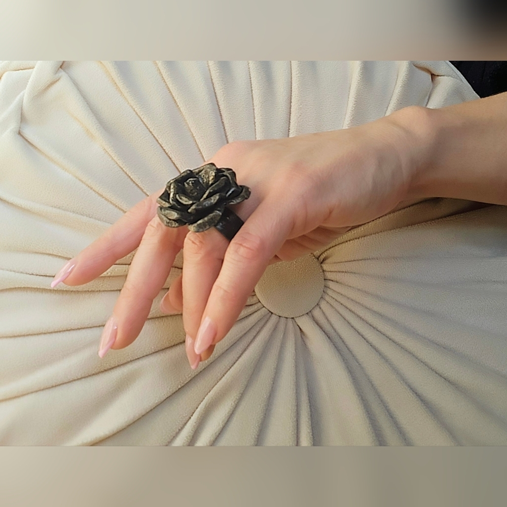 Handcrafted Black Rose Statement Genuine Leather Ring